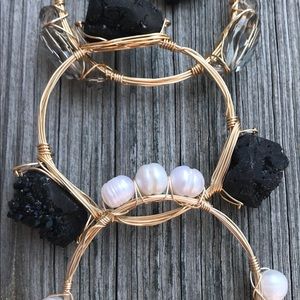 BLACK DRUZY/FWP/CRYSTAL WIRE WRAPPED BANGLE STACK